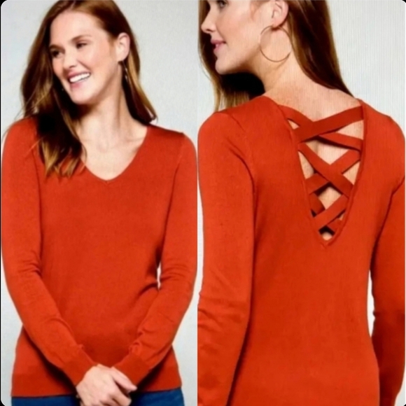 Love Ellie Vibrant Orange V-Neck Sweater with Crisscross Back Straps Sz Medium - Picture 1 of 6